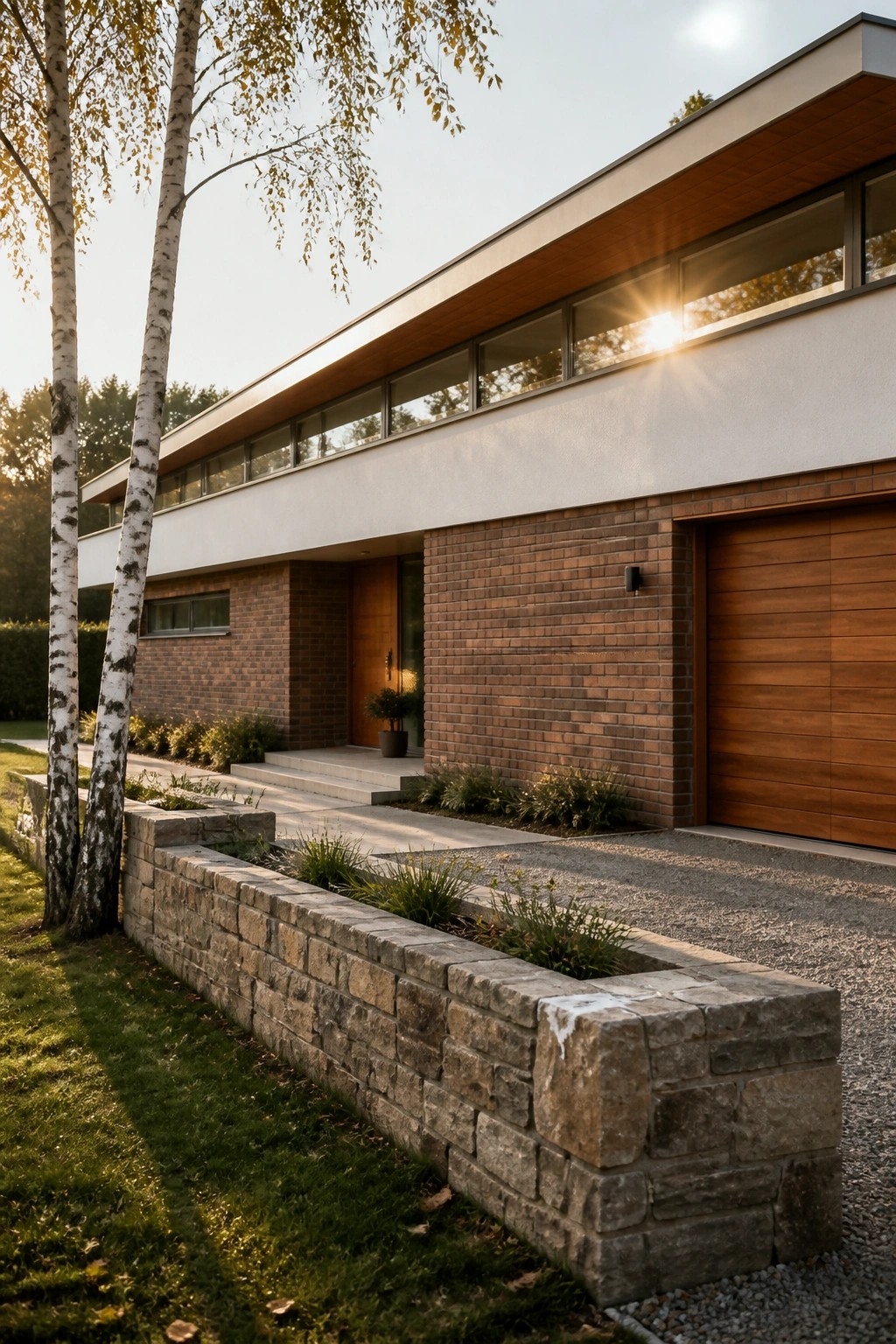 Modern house exterior with a white upper level featuring a long horizontal window band, brown brick lower walls, a wooden garage door on the right, a wooden front door, and a low stone planter in the foreground.