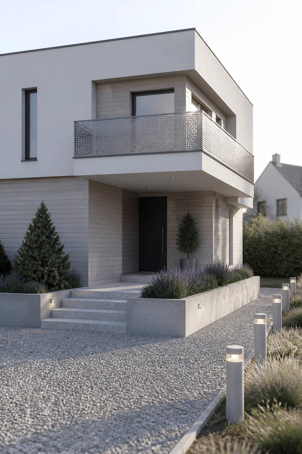 A modern two-story house exterior with smooth upper walls, horizontal siding on the lower section, a cantilevered balcony with perforated railing, concrete steps, a black front door, and gravel path with bollard lights.