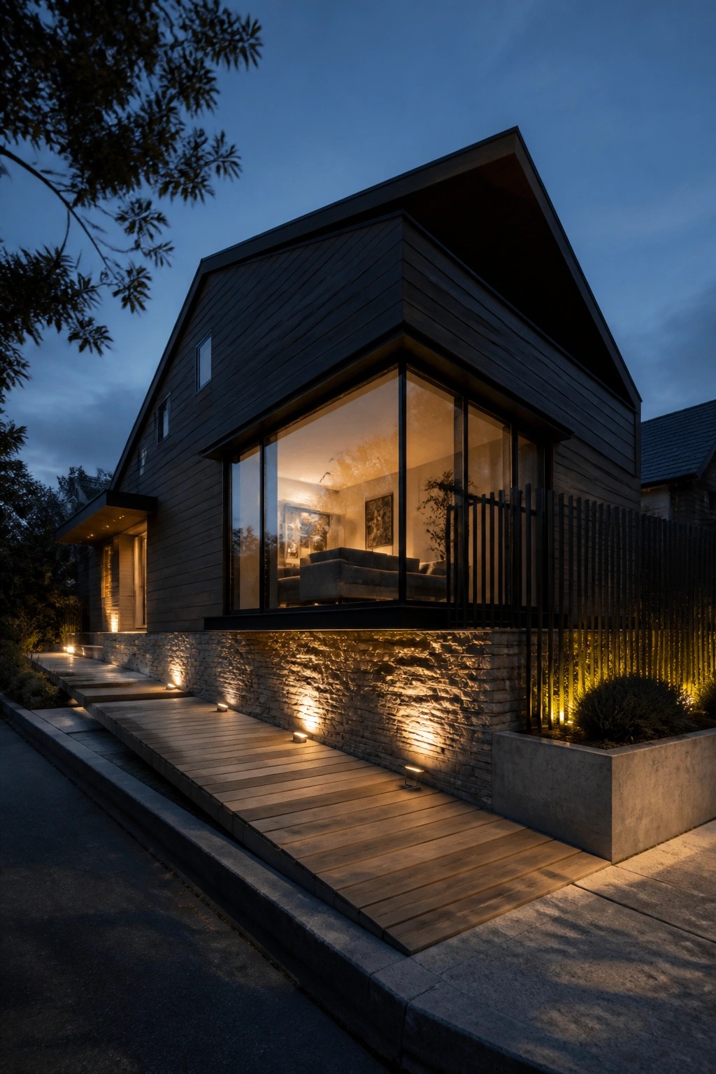 A modern dark wood house with large corner windows, a stone foundation lit by ground lights, and a wooden deck leading to the entrance at dusk.