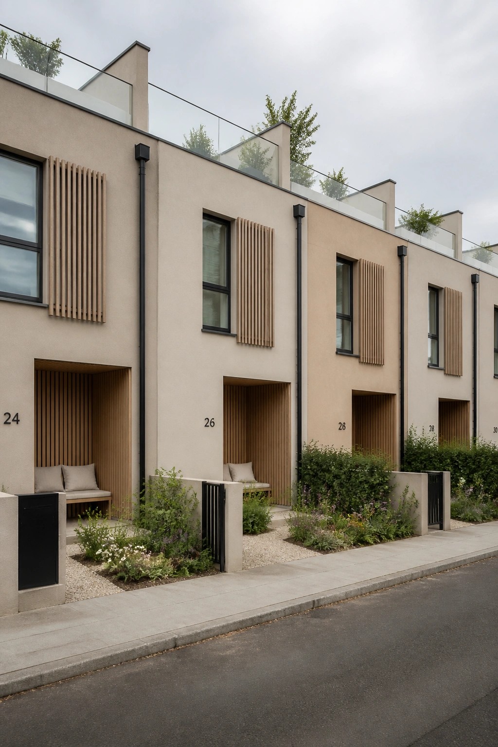 A row of modern beige townhouses showing recessed entry nooks with vertical wood slats, built-in benches, and small front garden beds.