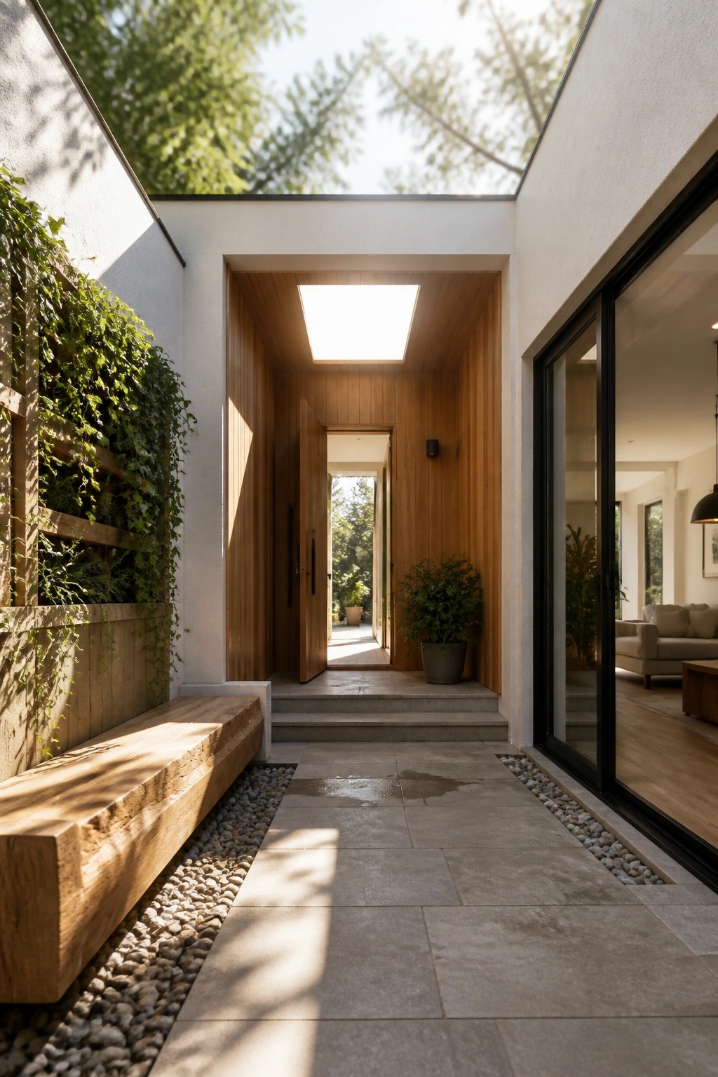 A covered exterior entry passage with wooden walls, a skylight in the ceiling, stone tile flooring, a wooden bench on gravel, and an open door leading outside.