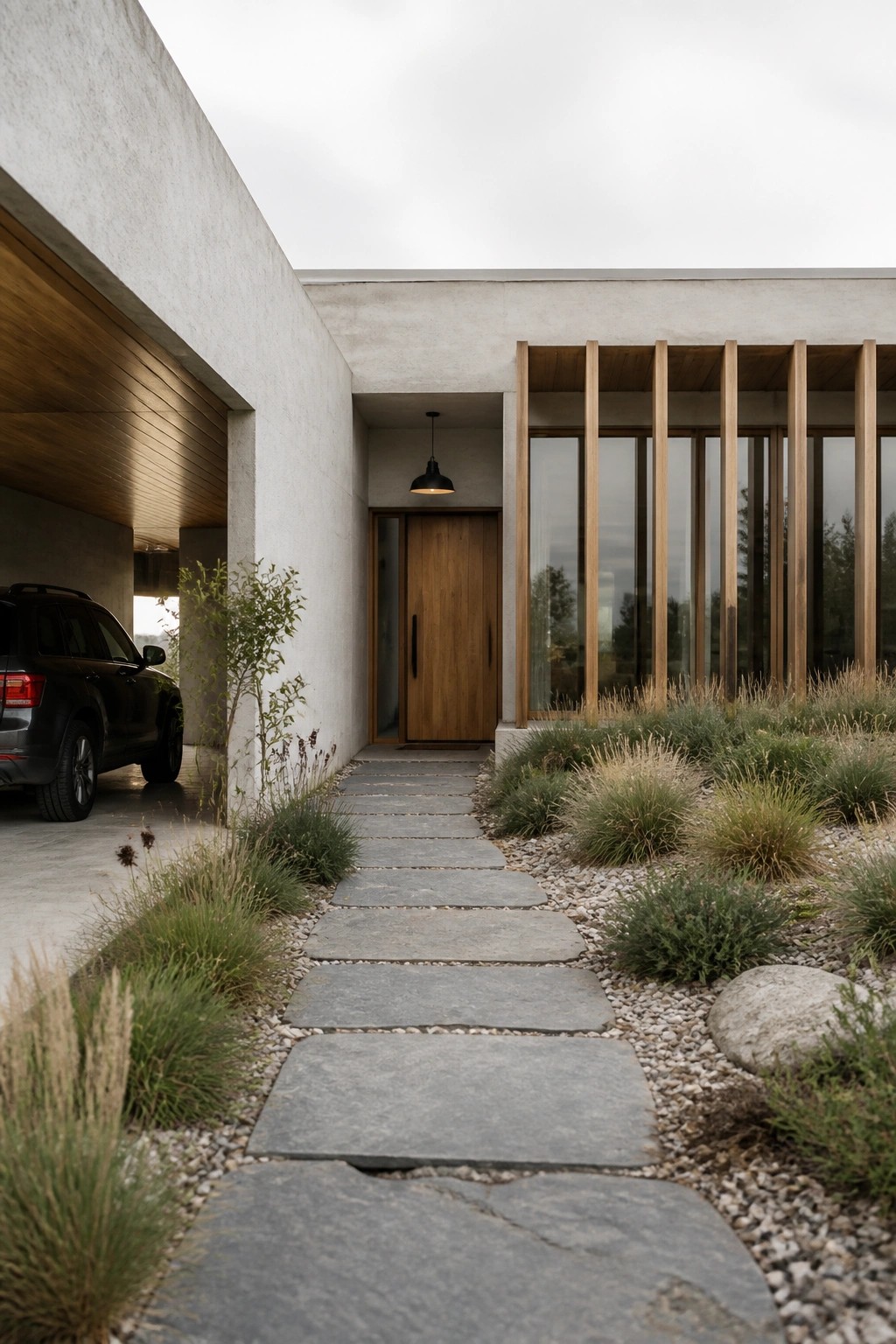 A modern concrete house exterior with a wooden front door, black pendant light, vertical wood slats beside large windows, and a stone slab path set in gravel leading to the entrance.