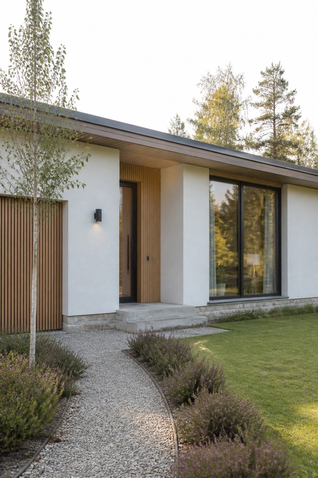 Modern white house with wood accents, large windows, gravel path, and purple shrubs.