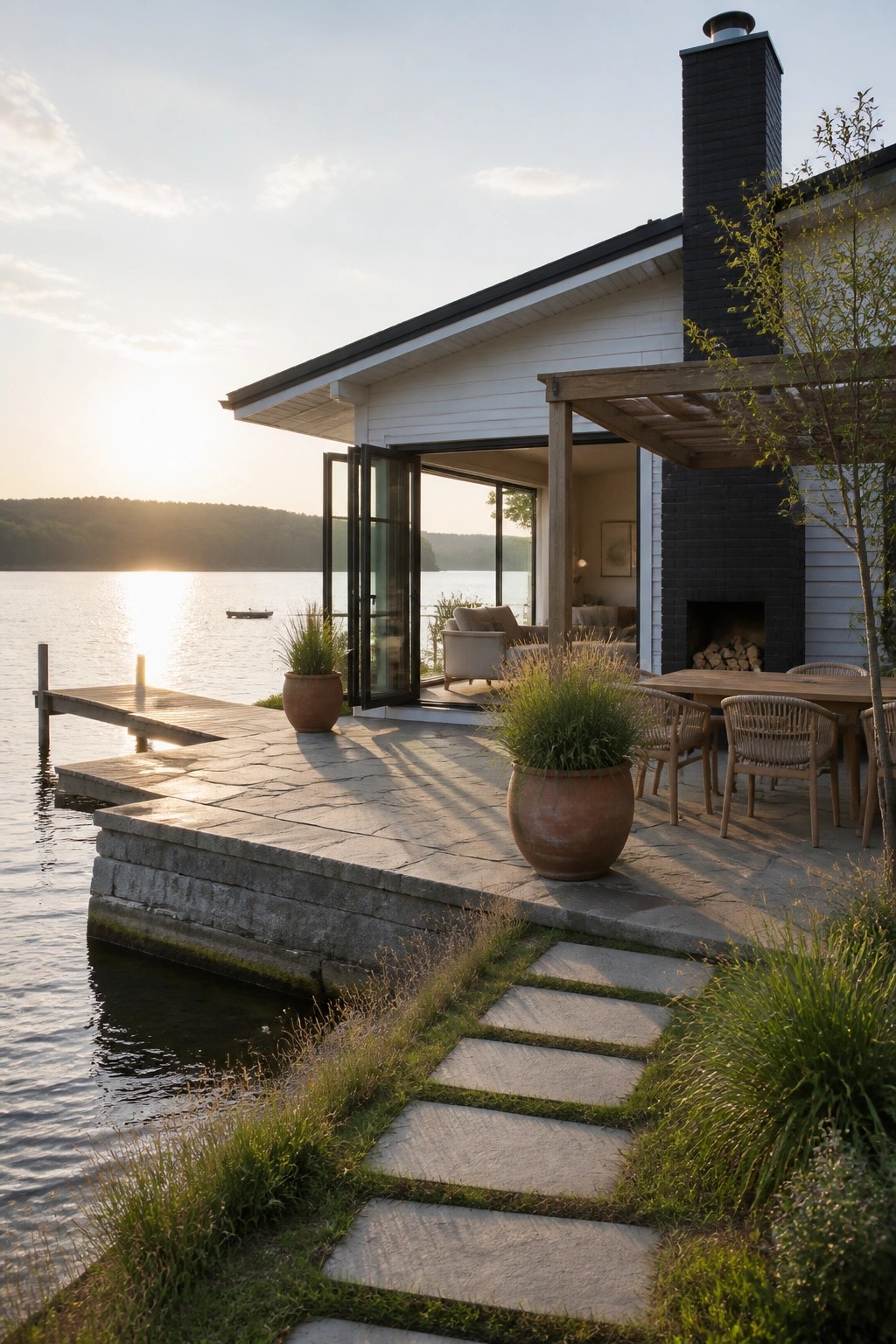 A modern lakeside house with white siding and black brick chimney features wide open folding glass doors leading to a stone patio with a wooden dining set and large terracotta planters.