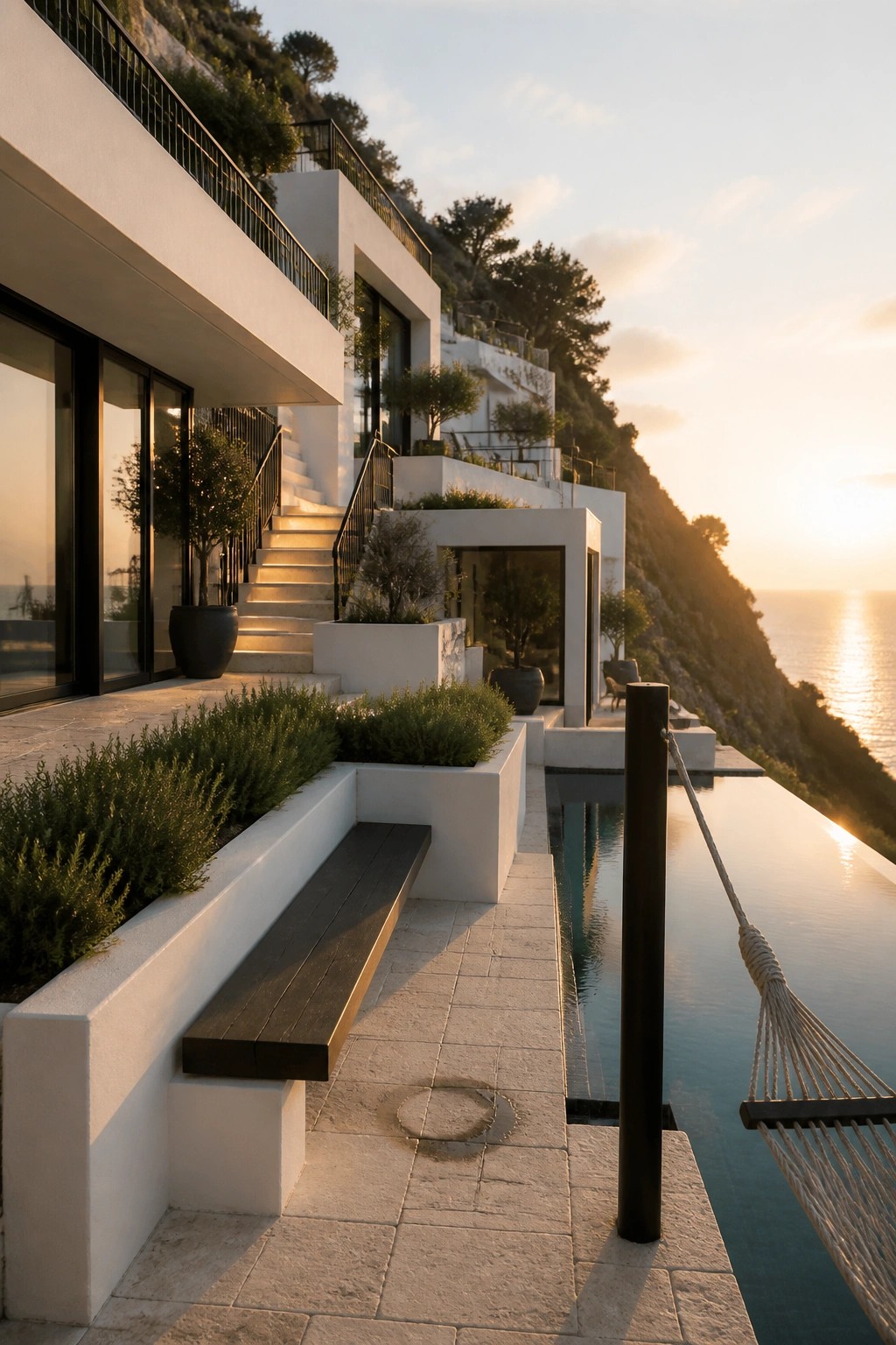 A modern white hillside house with black-framed windows, black railings, and multiple terraces next to an infinity pool overlooking the sea at sunset.