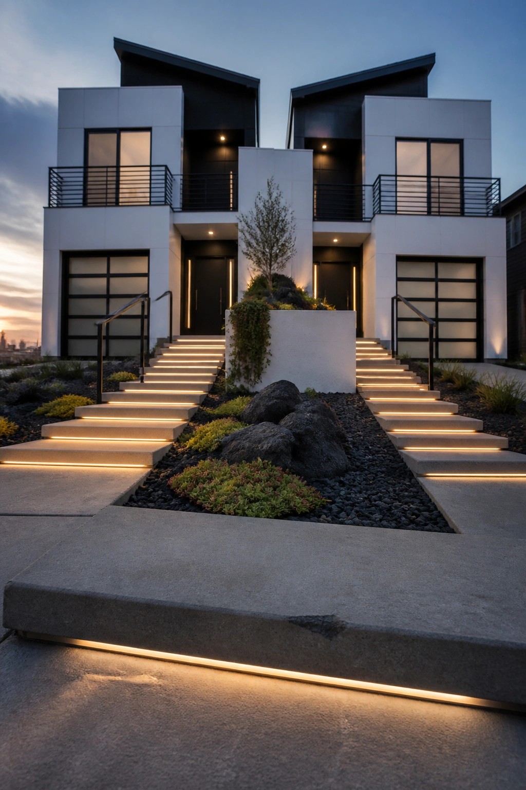 Front view of a modern two-story house with white and black geometric volumes, black doors, and illuminated stairs leading up from a landscaped entry with dark rocks and low plants.