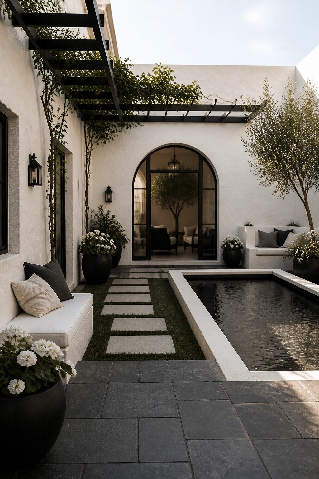 Modern outdoor courtyard with a rectangular pool, stepping stone path on grass, white stucco walls, black pergola, and seating areas.