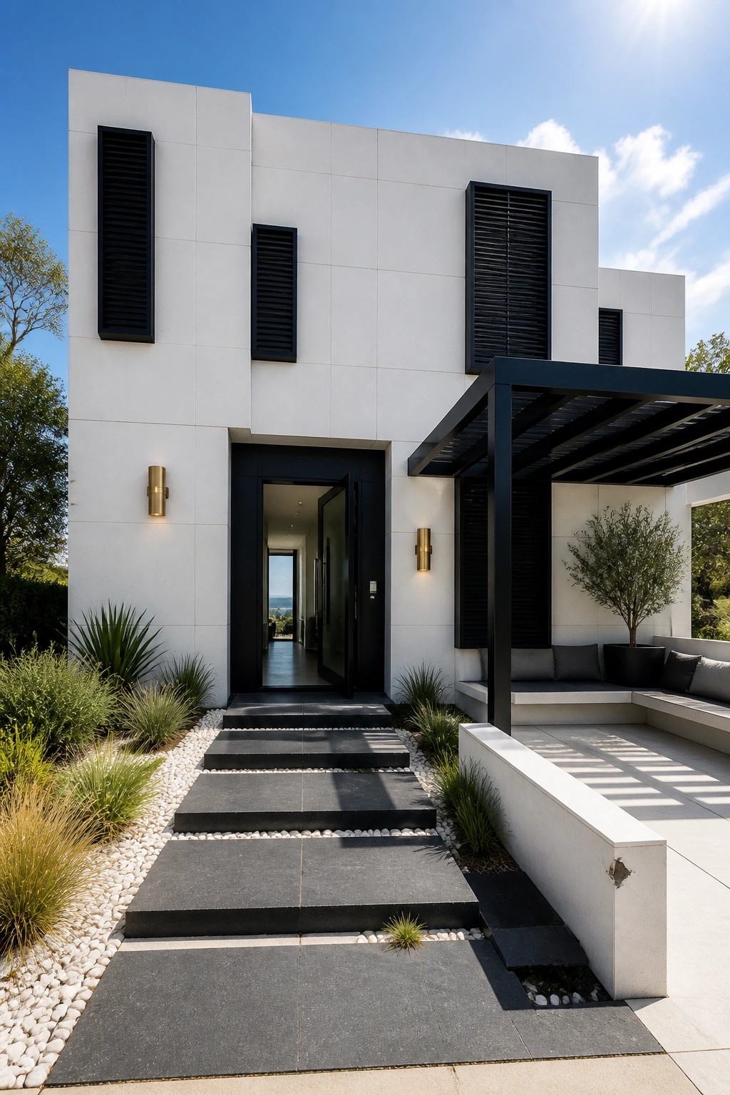Modern white house with black door, shutters, steps, and shaded patio seating area