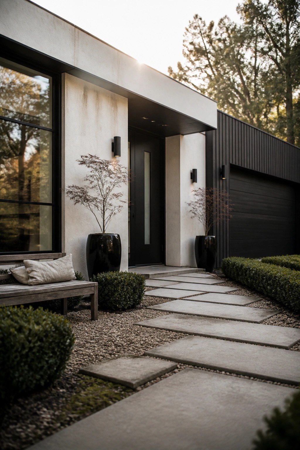Modern house exterior showing a black front door on a light facade with a concrete pathway, two large black planters, and surrounding shrubs.