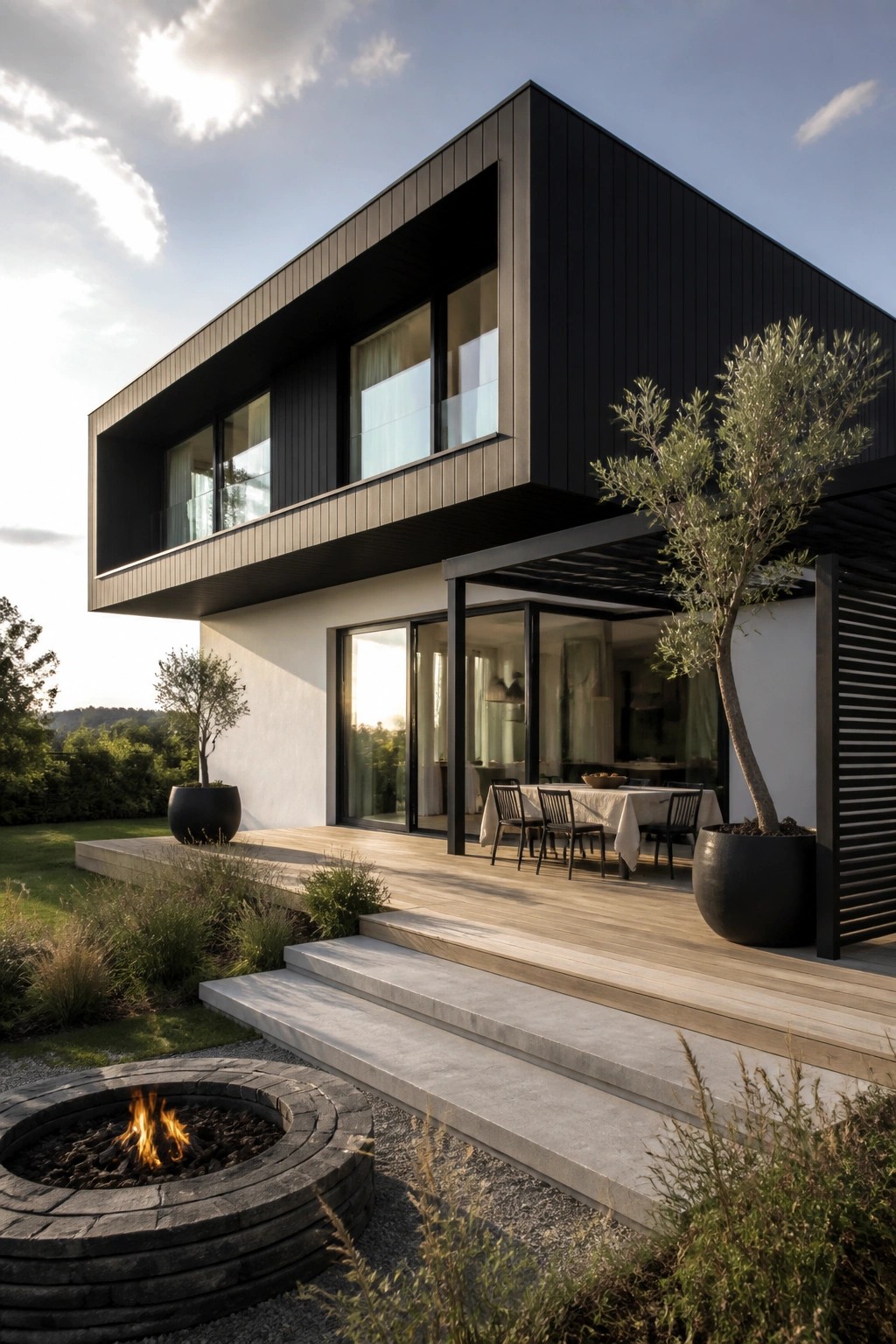 A modern two-story house with black vertical siding, large windows, a light wood deck, concrete steps, and a stone fire pit in the foreground.