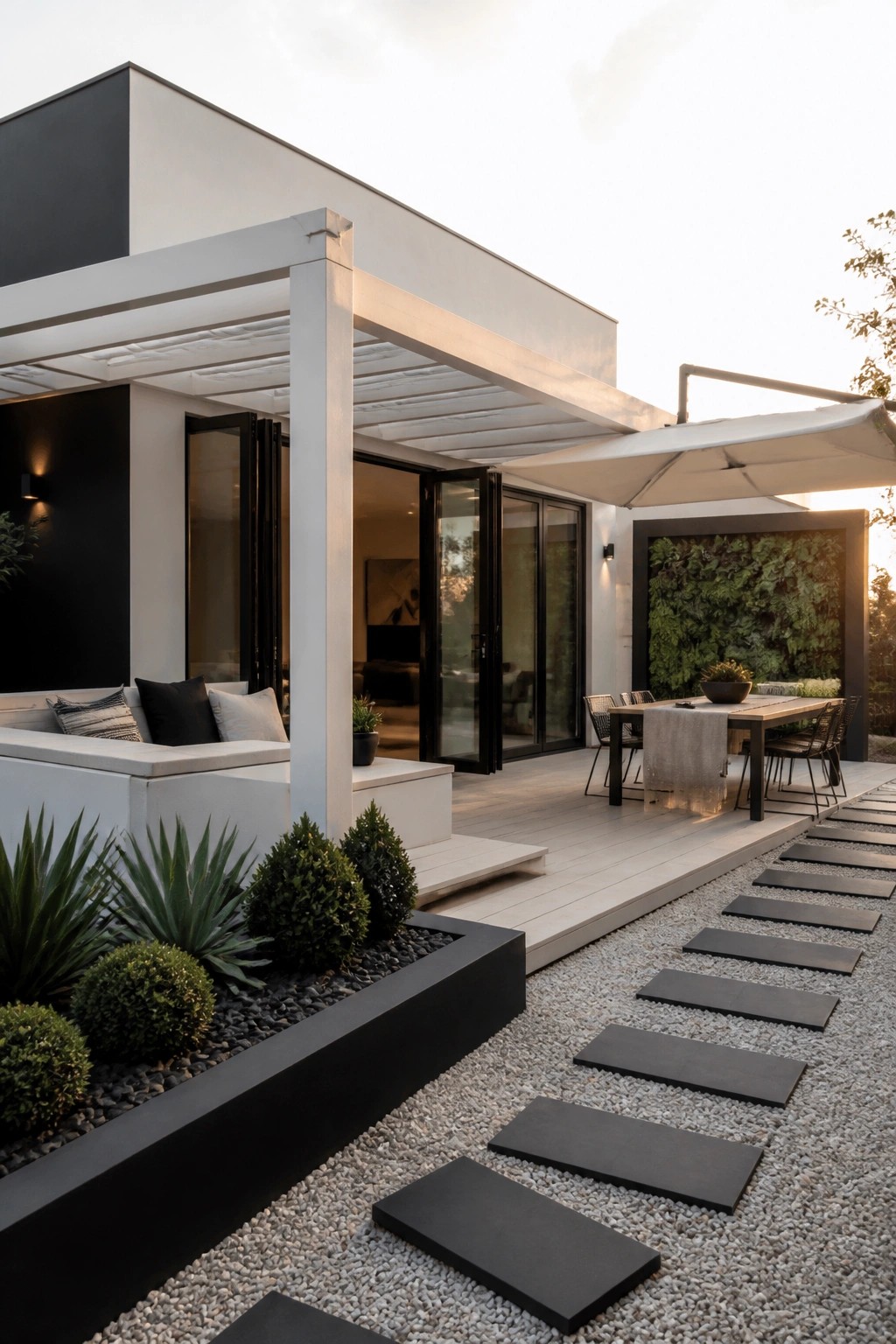 Modern house exterior showing a white pergola over a patio with built-in seating, a dining table, black doors, and gravel paths with plants.