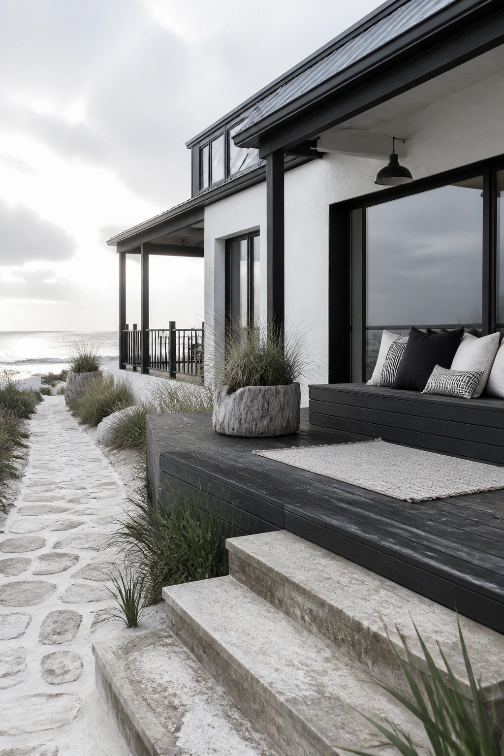 A modern black and white house exterior with a dark wooden deck, built-in bench seating with cushions, concrete steps, and a stone path beside the ocean.