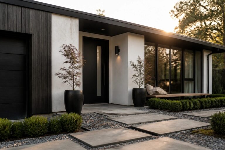 Modern house exterior showing a black front door on a light facade with a concrete pathway, two large black planters, and surrounding shrubs.