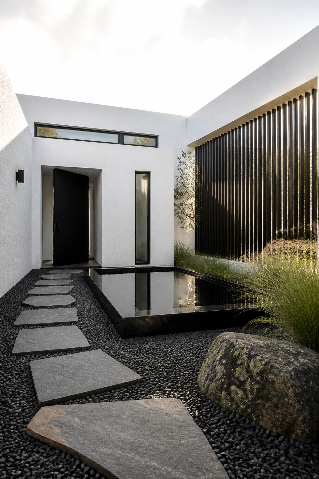 Modern white house exterior with black door, narrow water feature, and stepping stones set in dark gravel leading to the entrance.