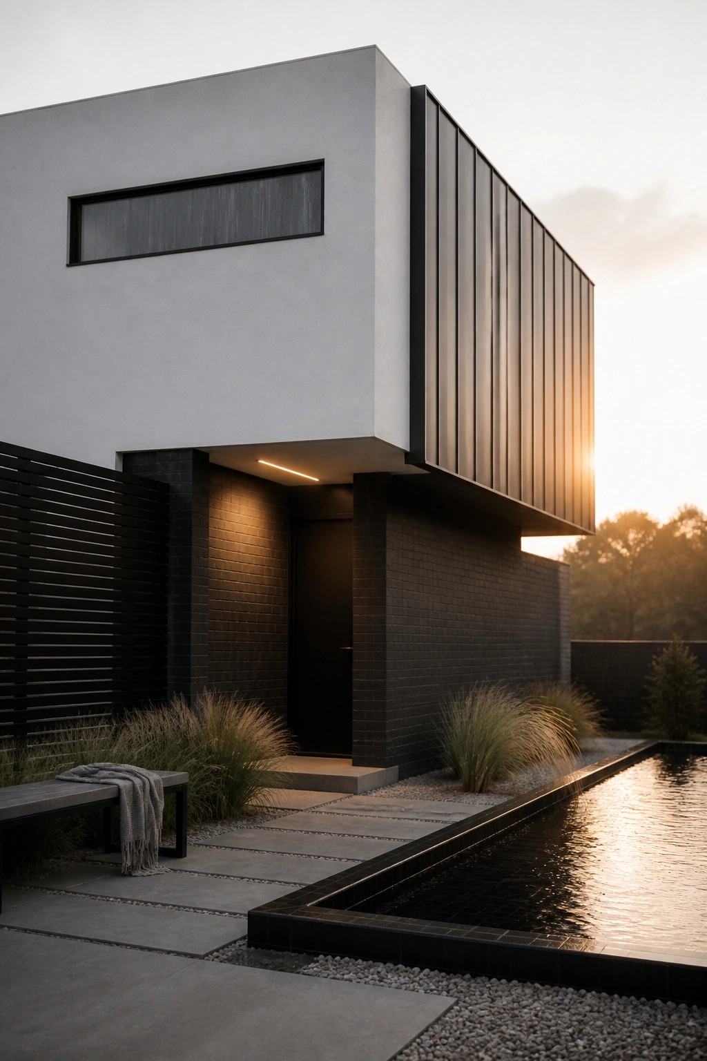 A modern two-story house with light gray plaster walls, dark brick lower sections, vertical metal cladding on one wing, and a long rectangular pool beside a concrete path.