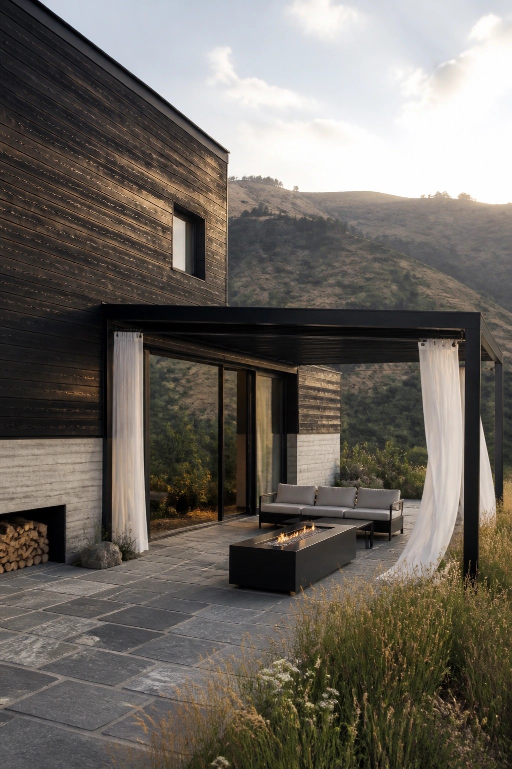 Modern dark wood house with attached black pergola, outdoor sofa, rectangular fire pit, and white curtains on a stone patio overlooking hills.