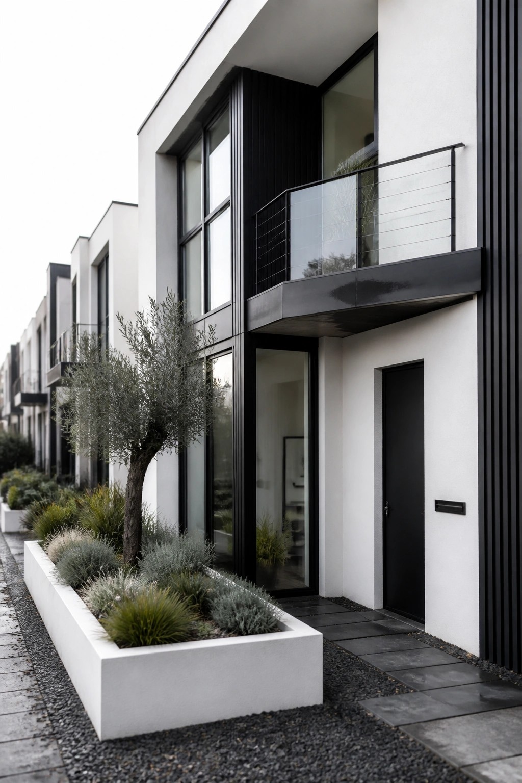 Modern white townhouse with black door, windows, balcony, and tree-filled planter.