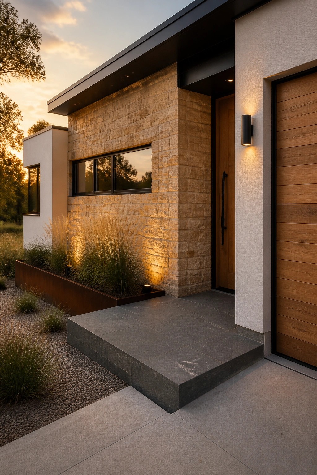 Modern house exterior with a large stone wall section, wooden front door, wooden garage door, and dark stone steps at the entrance.