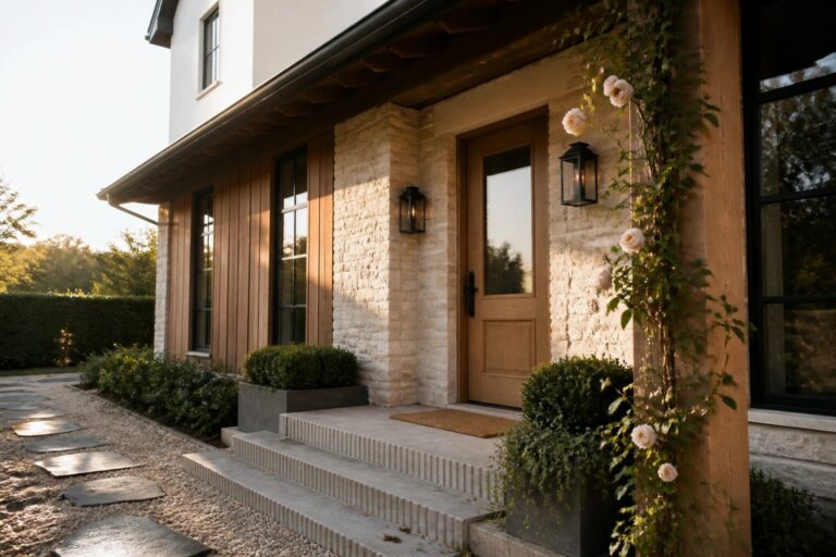 A house entrance with light stone walls, brown wood siding, a wooden door, black lanterns, and climbing roses on a wooden post.