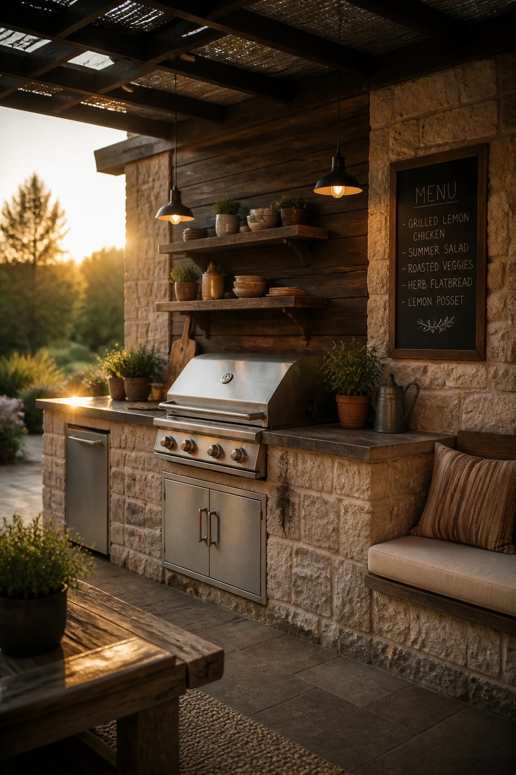An outdoor kitchen with a stainless steel grill built into a stone wall topped by dark wood siding, shelves with pottery, hanging lights, a chalk menu board, and a cushioned bench.