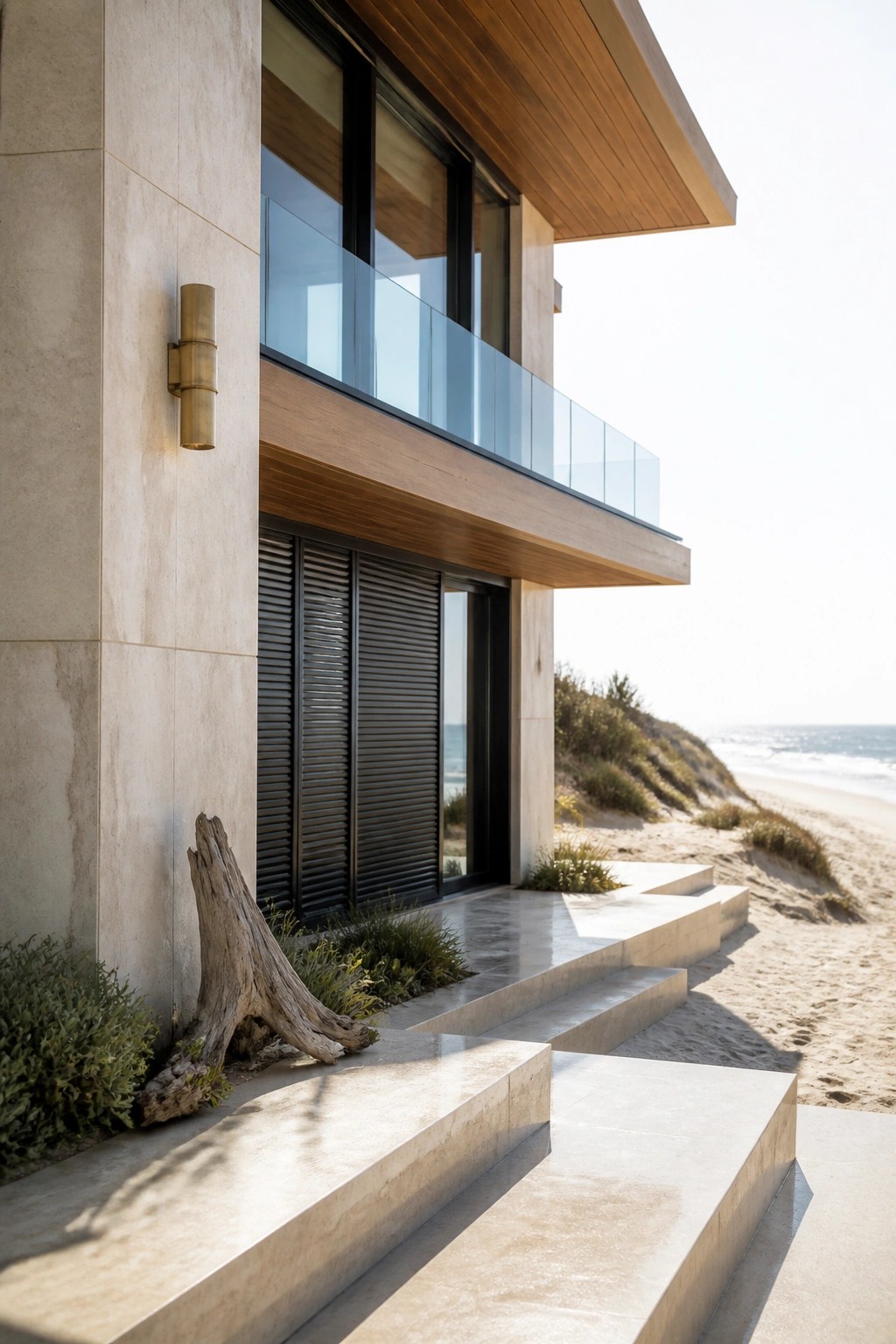 Modern beach house exterior with light stone wall, wood ceiling overhang, glass balcony railing, and concrete stairs leading toward the sand.