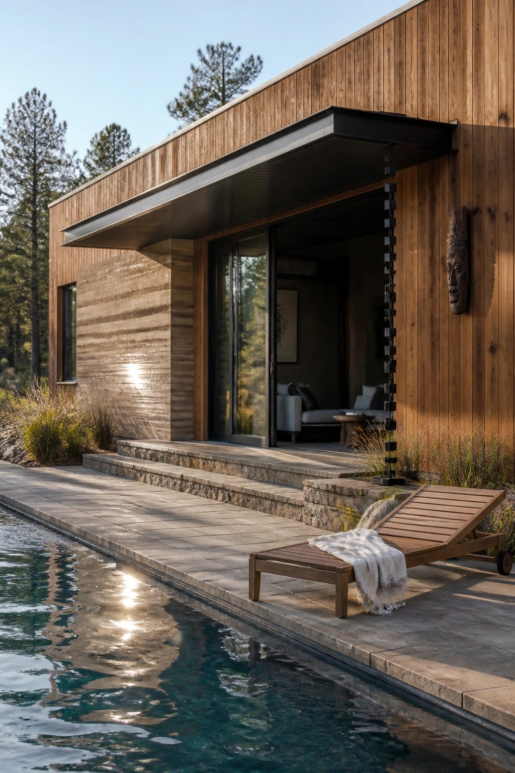 A modern house exterior shows horizontal wood siding above a textured stone base, with stone steps, an open sliding door, and a pool deck with a wooden lounge chair in view.