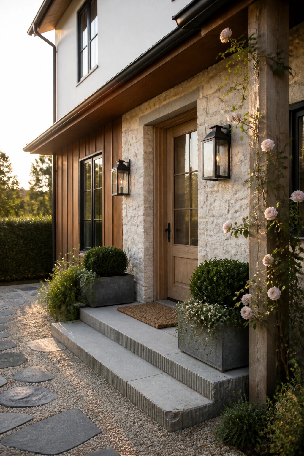 A house entrance with light stone walls, brown wood siding, a wooden door, black lanterns, and climbing roses on a wooden post.
