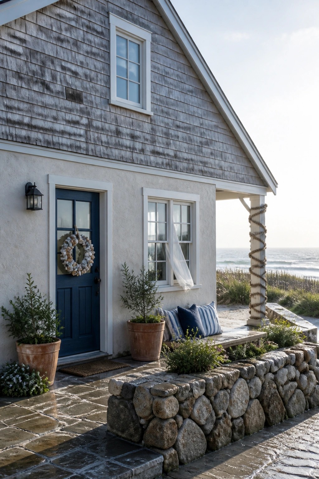 A gray shingled house exterior with a blue door, white trim, a stone retaining wall, and a porch bench facing the ocean.
