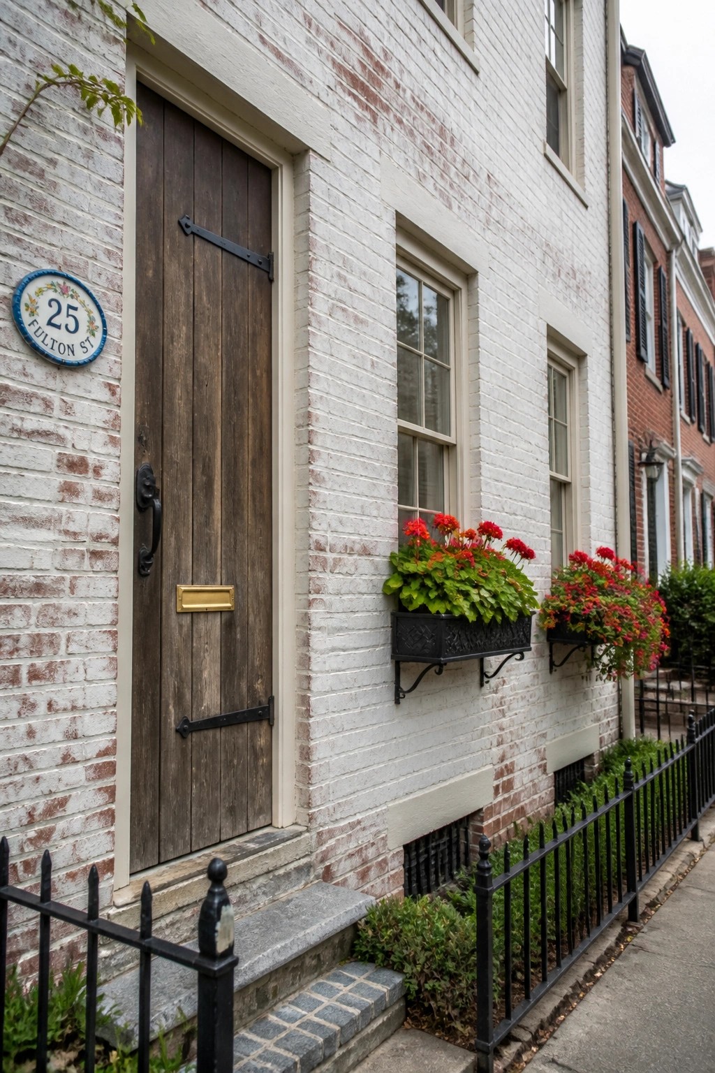 White brick townhouse door with 25 Fulton St sign, red flower boxes, black fence.