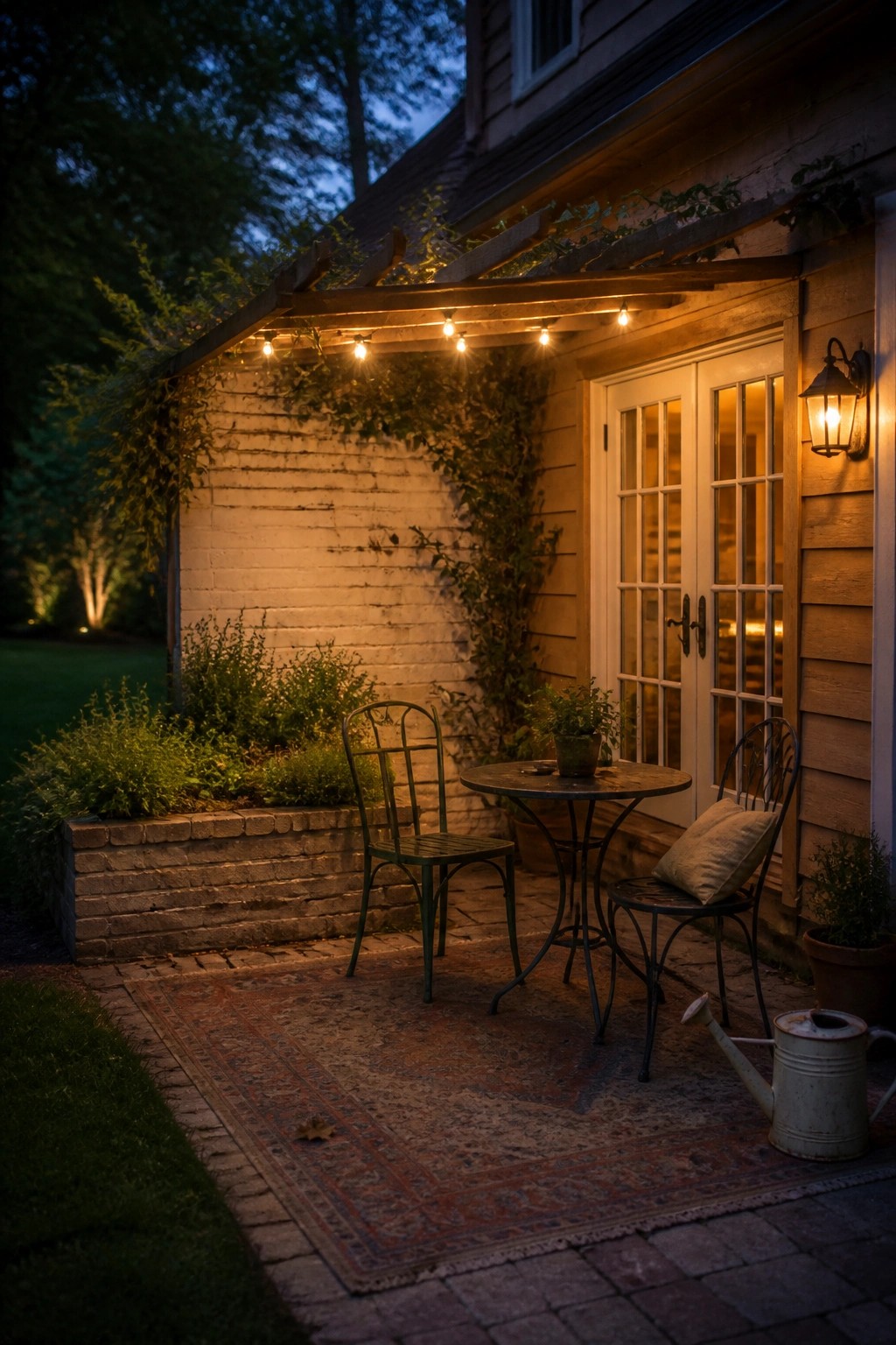 A white painted brick wall with climbing vines forms the backdrop of a brick patio furnished with a round metal table, two green metal chairs, an area rug, and string lights on a wooden pergola.