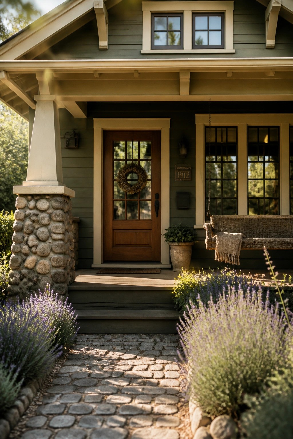 A front porch of a house with green horizontal siding, a wooden door, and a stone pillar base supporting the porch roof.