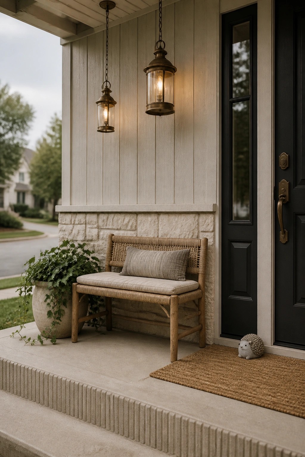 Front porch with woven bench, hanging lanterns, potted plant, black door, hedgehog figurine.