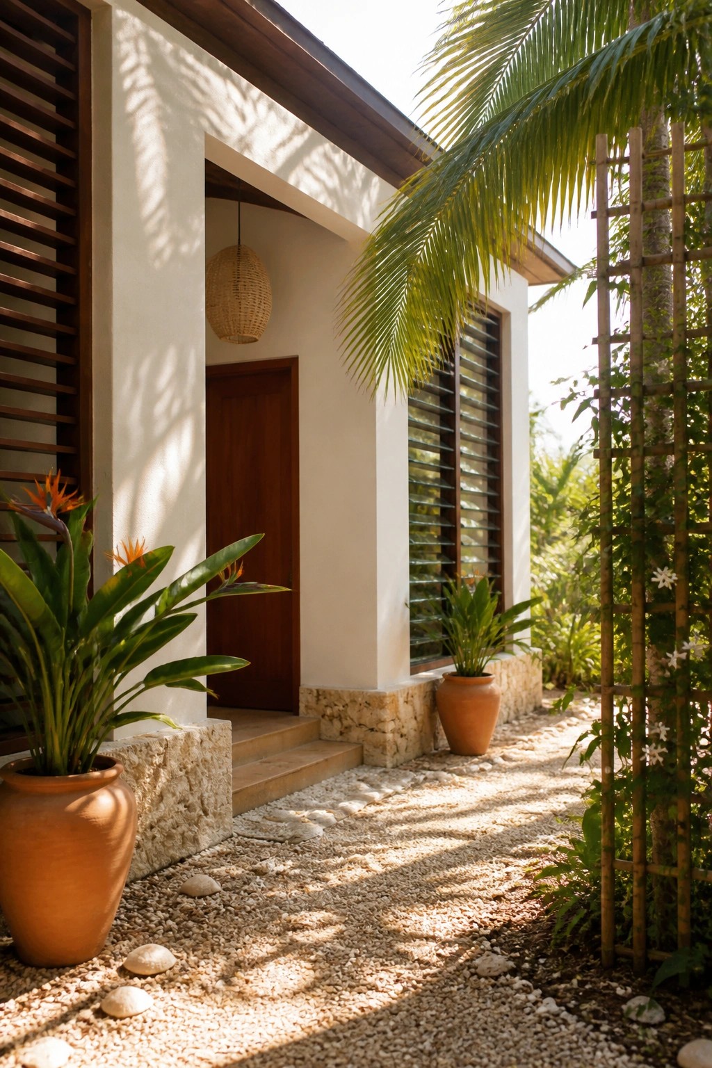 A house entry with white walls, a dark wood door, wooden shutters, a stone foundation, and potted plants along a gravel path.