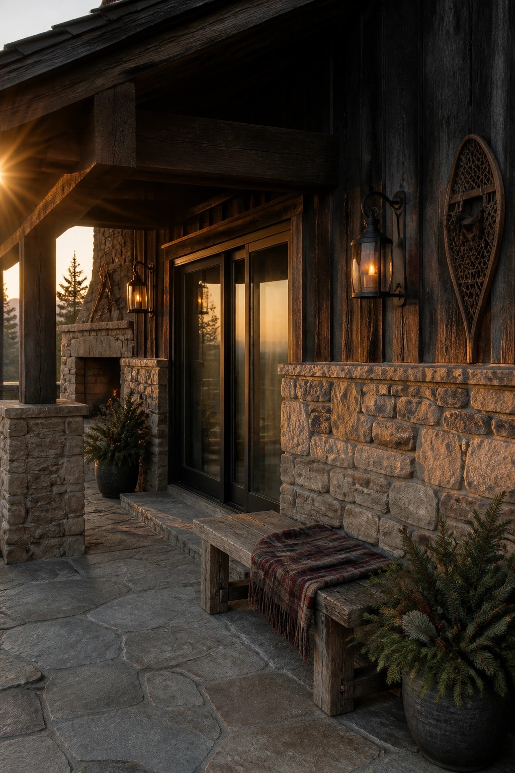 A house exterior showing dark wood siding above a low stone wall base, with a wooden bench, wall lanterns, and a potted plant on the stone patio.