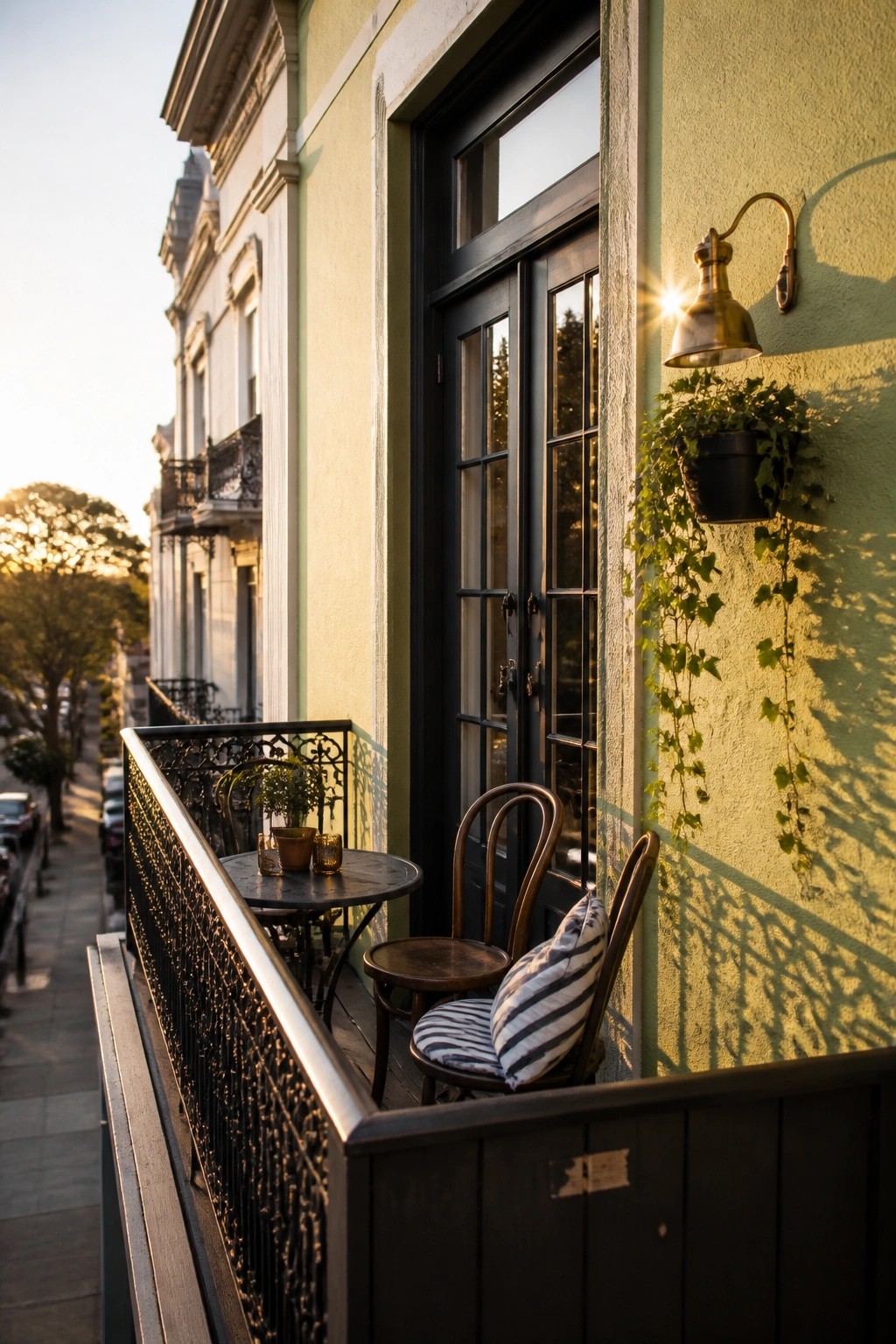 A small outdoor balcony with wooden chairs and a round table beside a black door on a green textured wall with a wall-mounted light and hanging plant.