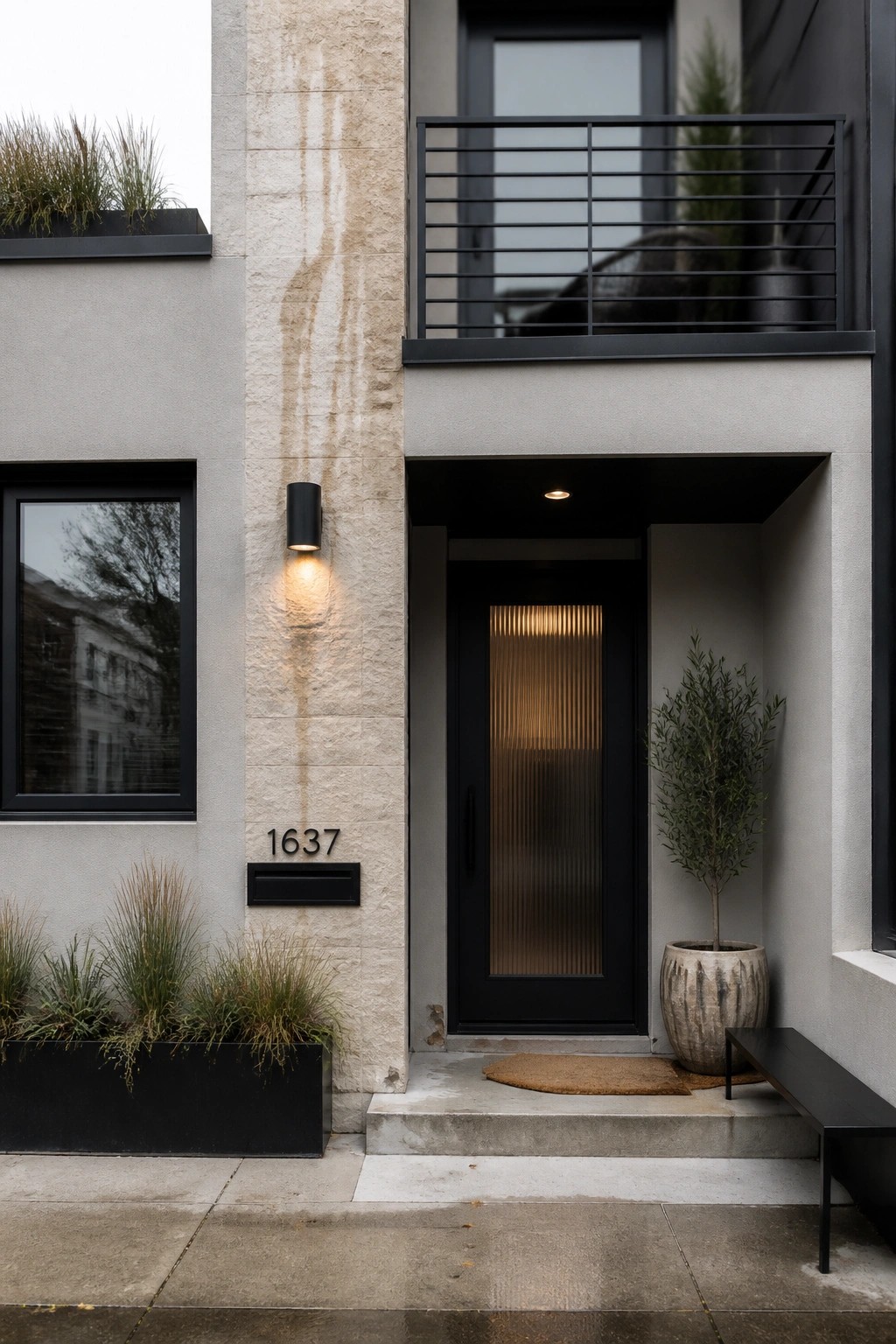 Modern house entrance with a vertical textured stone wall, black door with ribbed glass, black window, and potted plant beside concrete steps.