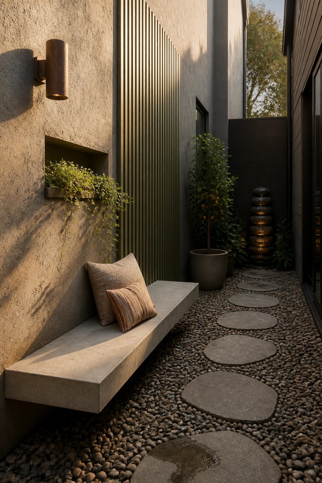 An outdoor side yard features a built-in concrete bench against a textured plaster wall with a plant-filled niche, vertical wood slats, gravel, and stepping stones.