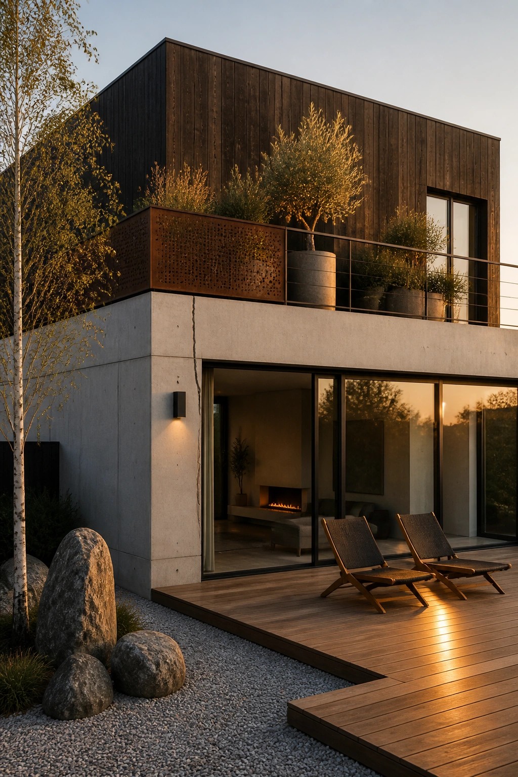 Modern dark wood and concrete house with lounge chairs on wooden deck at dusk