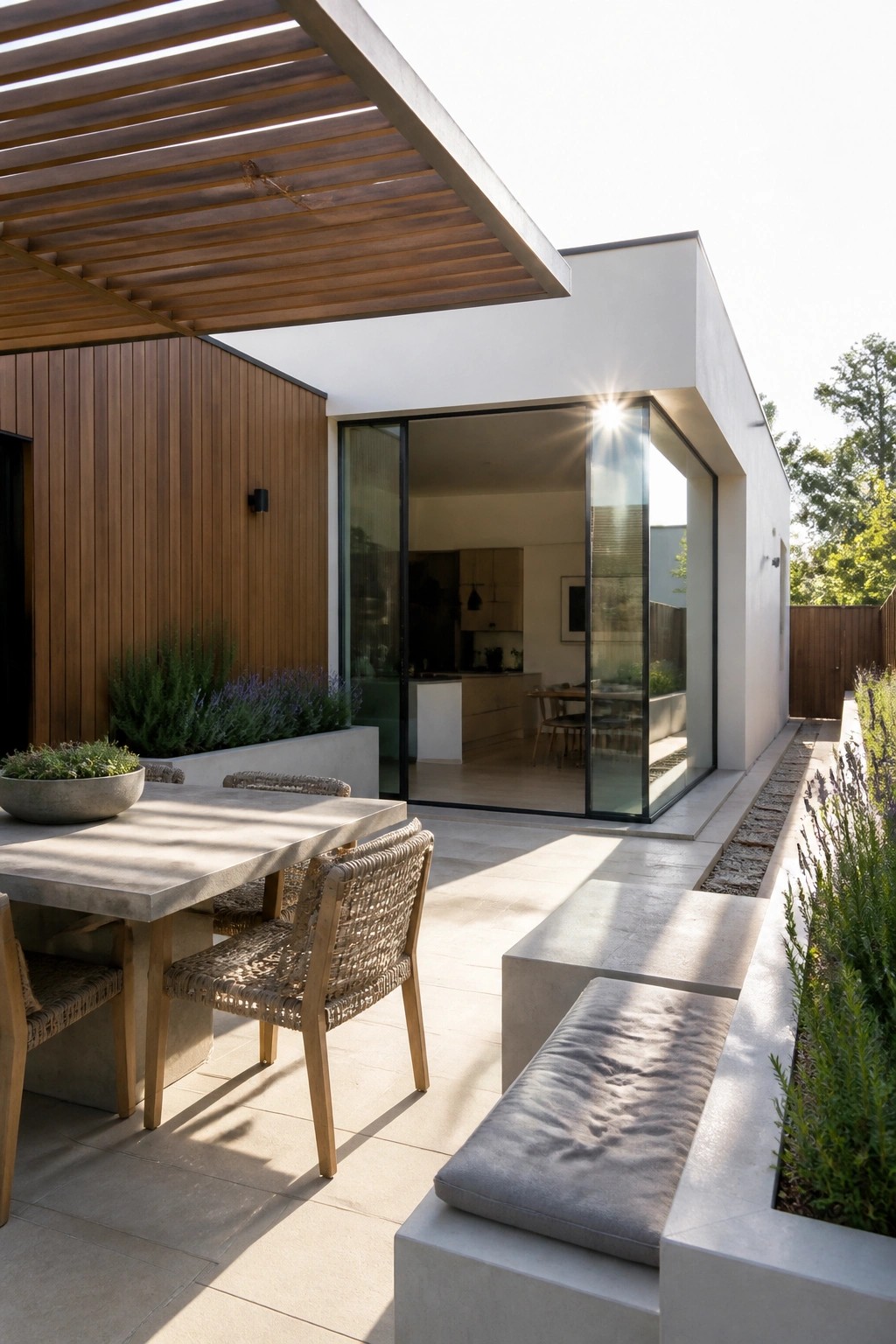 Modern house exterior with flat roof overhang, wood slat ceiling, large glass doors, concrete outdoor dining table, woven chairs, and built-in bench seating beside lavender plants.