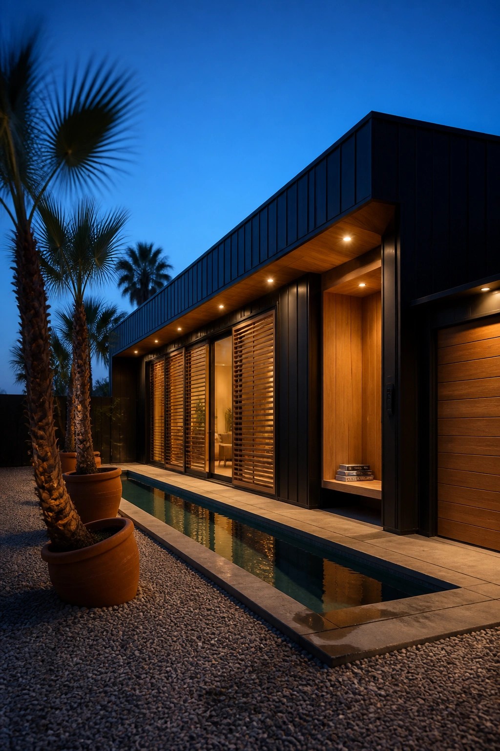 Modern flat roof house exterior at dusk with dark metal siding, wood accents under the eaves, louvered windows, and a long pool beside gravel and potted palms.