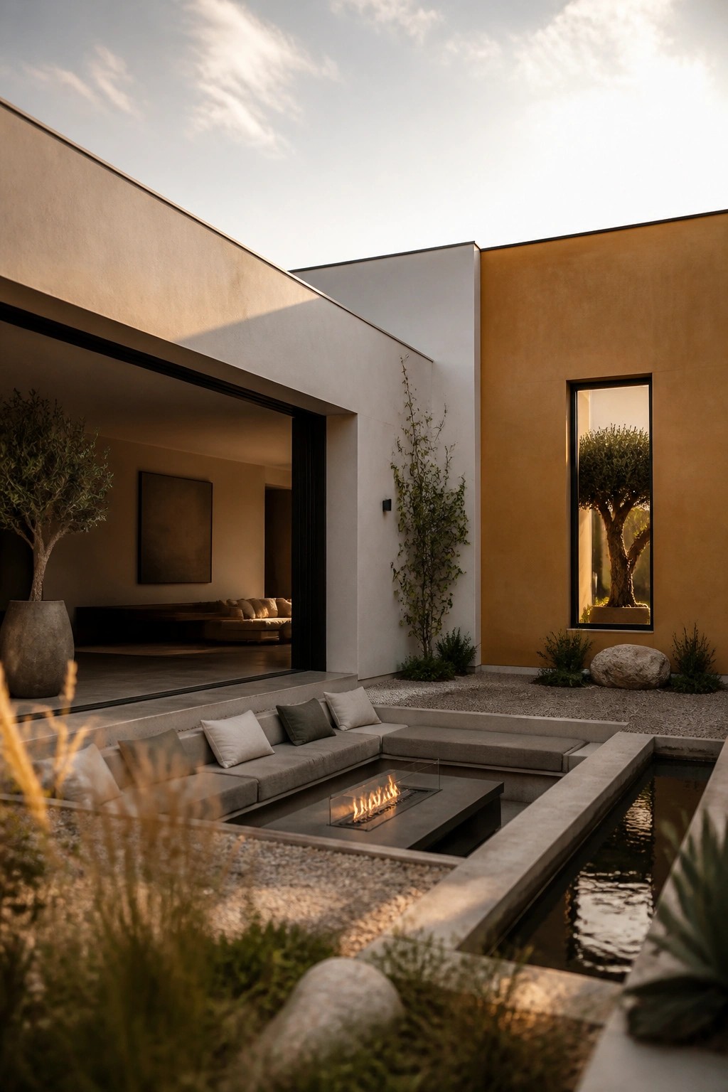 A modern courtyard with built-in gray seating arranged around a rectangular fire pit, a narrow water channel running alongside, and minimal gravel and plantings.