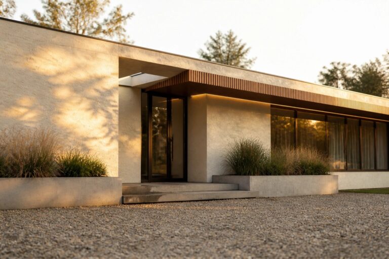 A modern flat-roof house with light concrete walls, a black-framed door, and a wooden slatted overhang above the entry, set on a gravel surface with plants along the base.