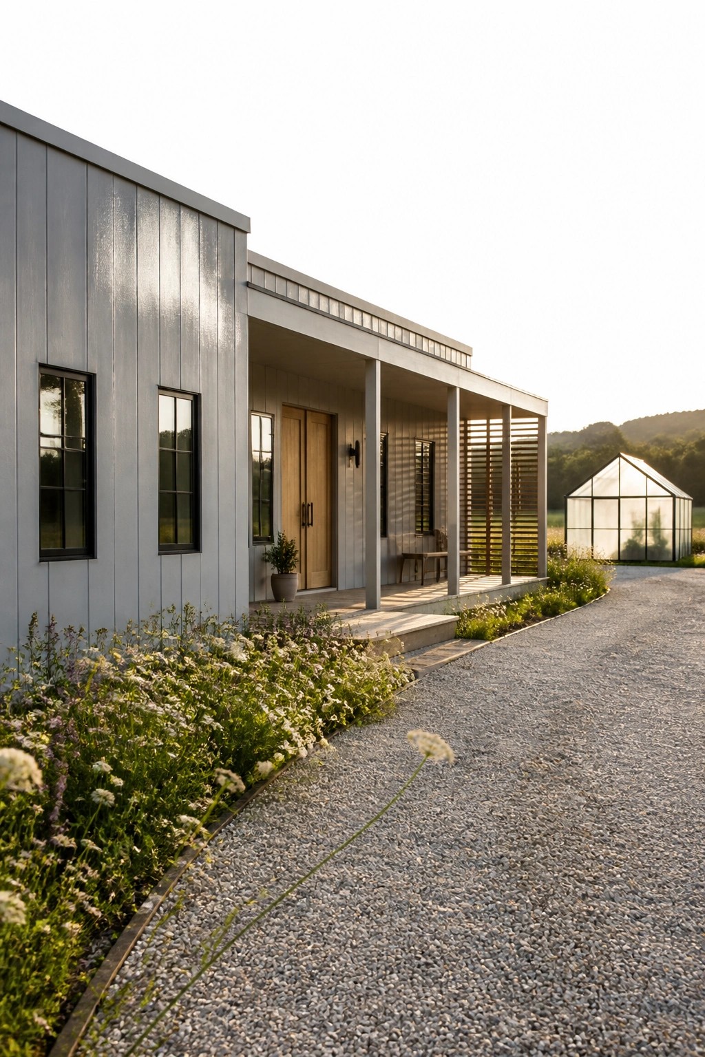 Modern house exterior with gray vertical siding, flat roof, wooden double doors, covered porch, and gravel path lined with wildflowers.