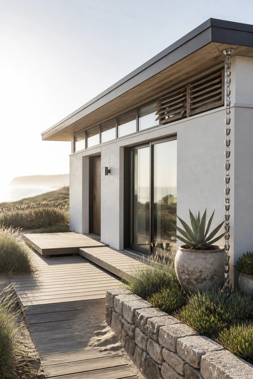 Modern flat-roof house exterior with concrete walls, wood soffit overhang, large sliding glass doors, and a wooden deck leading to the entry.