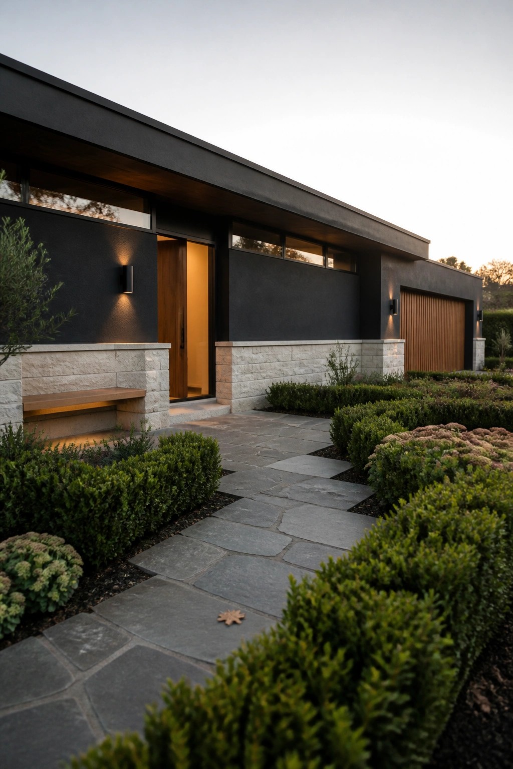 Modern dark house with open lit doorway, stone path, and lush garden at dusk.