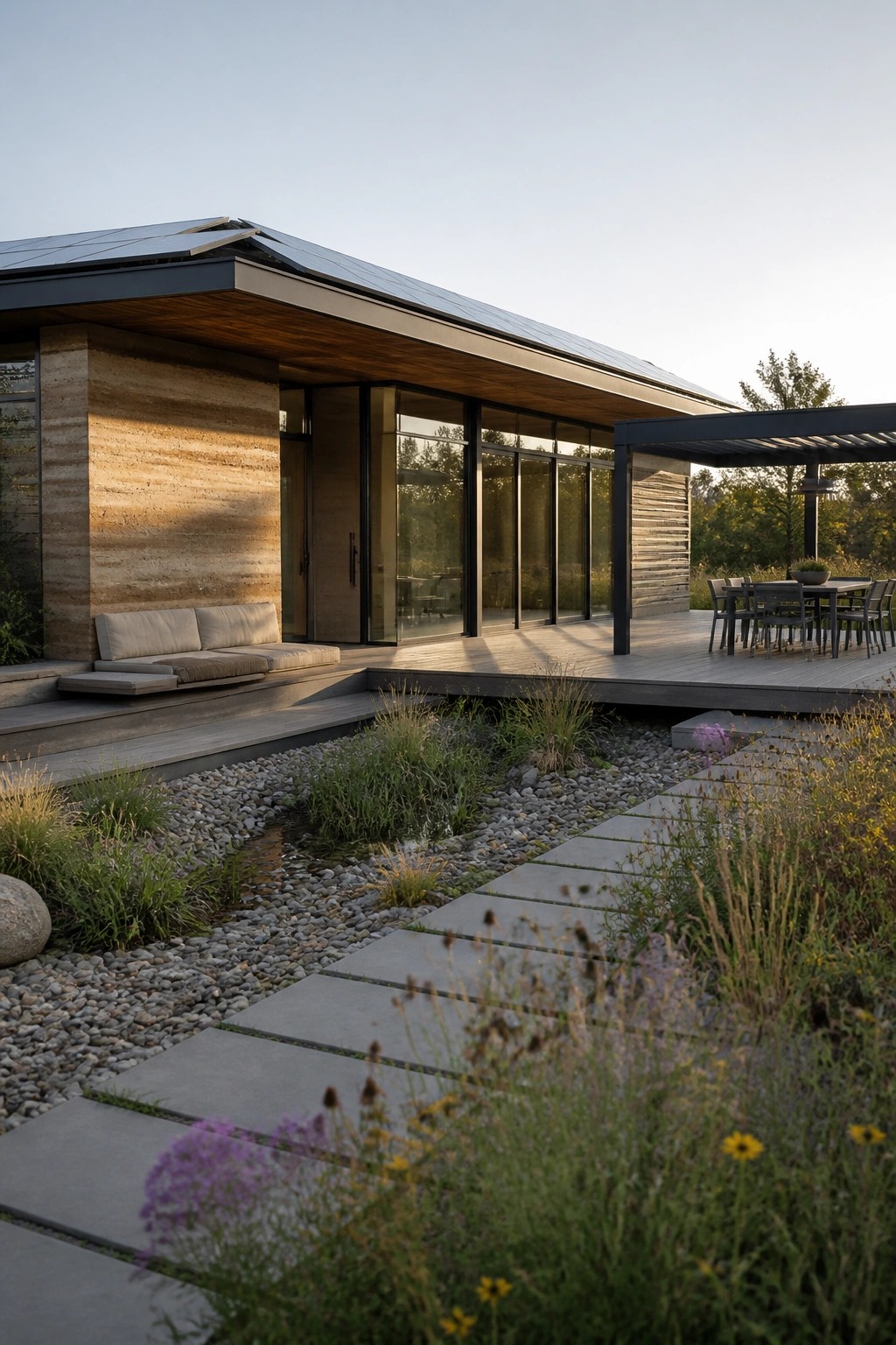 Modern home with stone walls, wooden deck, glass doors, and garden path.