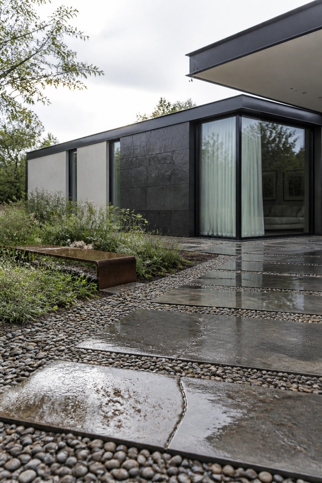 A modern flat-roof house with dark stone cladding beside light panels, large glass doors, and a wet stone pathway bordered by pebbles.