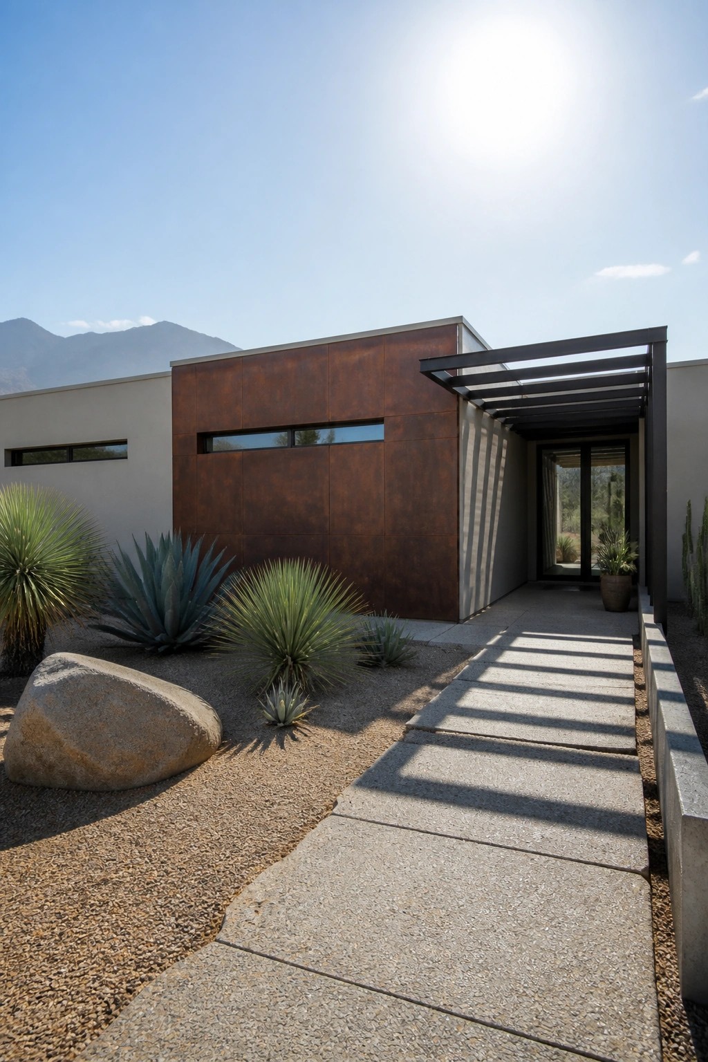 Modern house exterior with flat roof, rusted metal panels on the facade, concrete walkway, and desert plants in gravel.