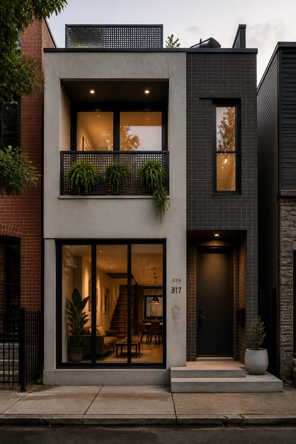 A modern two-story house with a flat roof shows a light gray concrete section on the left and dark brick on the right, with large black-framed windows, a recessed black door, and a second-floor balcony with a perforated metal railing.