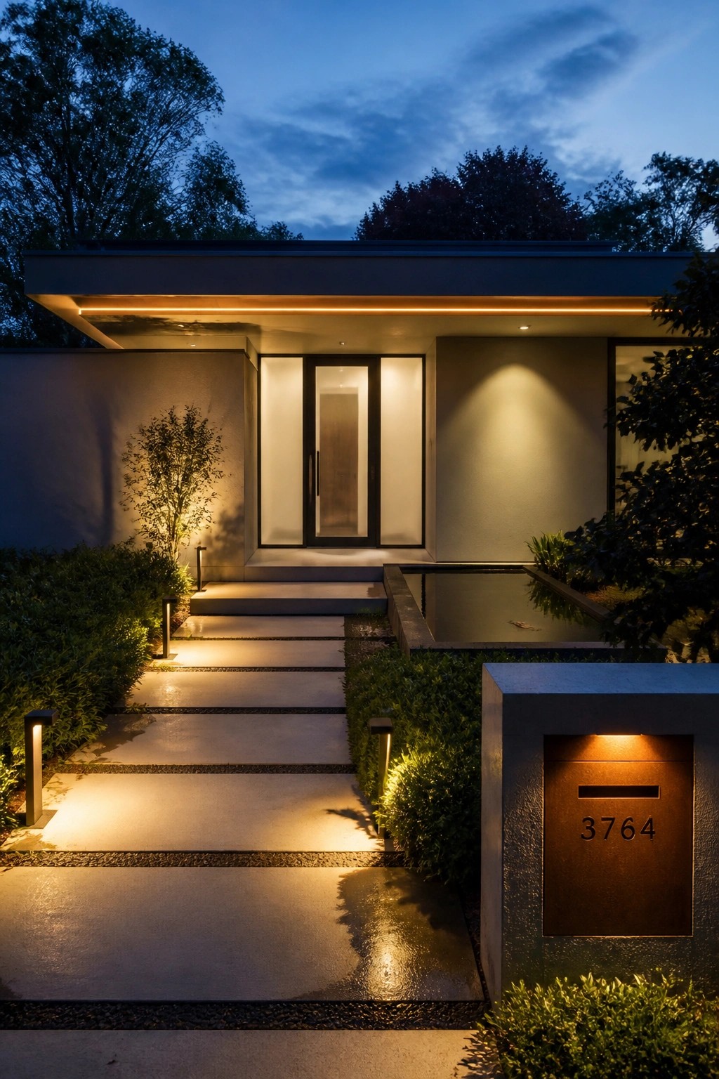 Modern flat-roof house exterior at dusk showing a continuous warm LED strip under the roof overhang, a central entry door with glass side panels, and a concrete walkway with pathway lights.